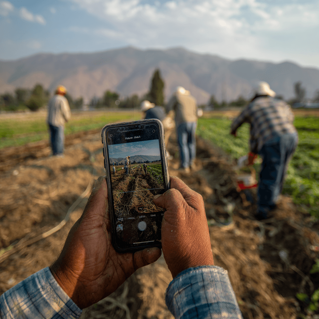 Farm worker capturing GPS photo proof for verified task completion