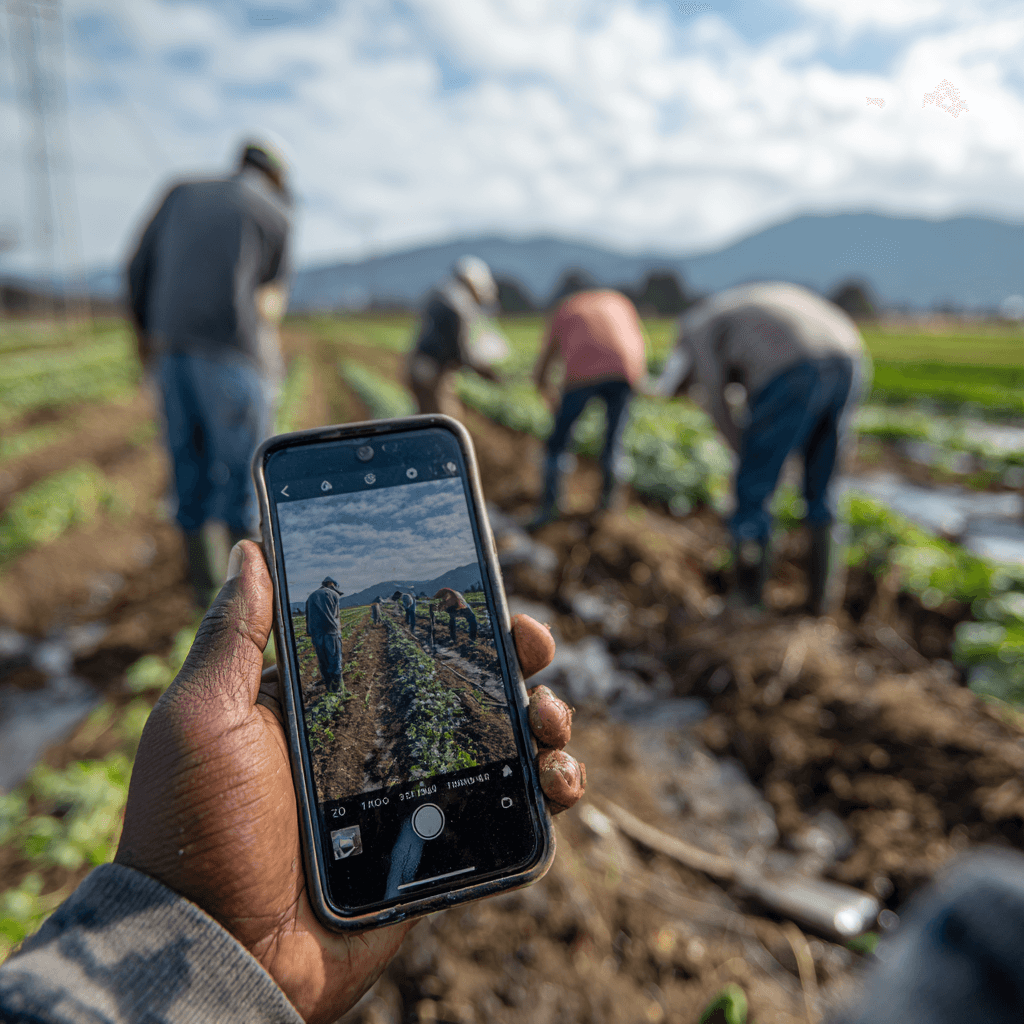 Worker documenting crop quality for buyer traceability