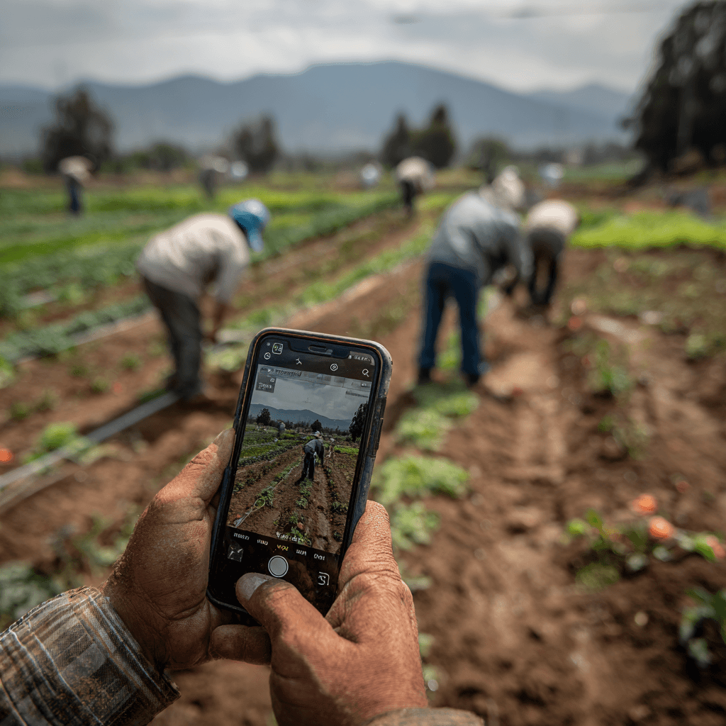 Worker capturing GPS and photo proof for a farm task