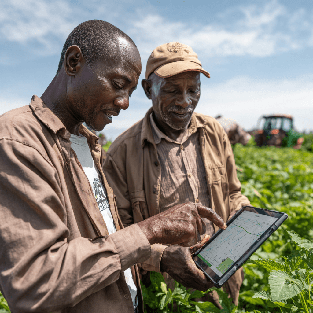 Kenyan farmer using ShambaBoy in a green field