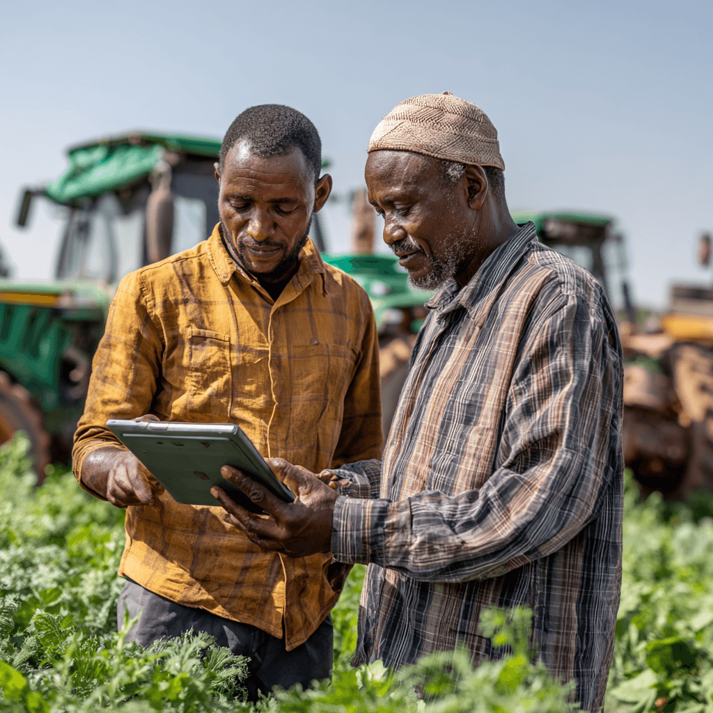 Young farmer in a lush Kenyan field using ShambaBoy